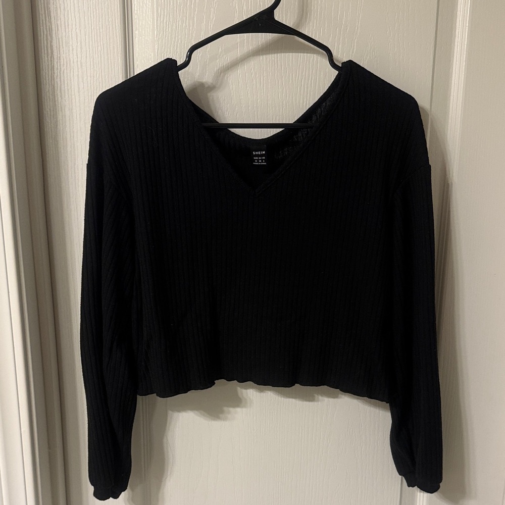 Black V-Neck Ribbed Women's Top